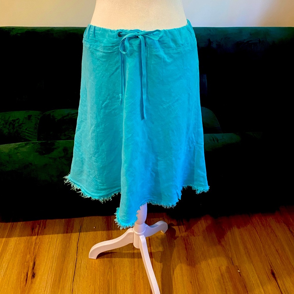 Turquoise teal blue cotton linen knee-length skirt